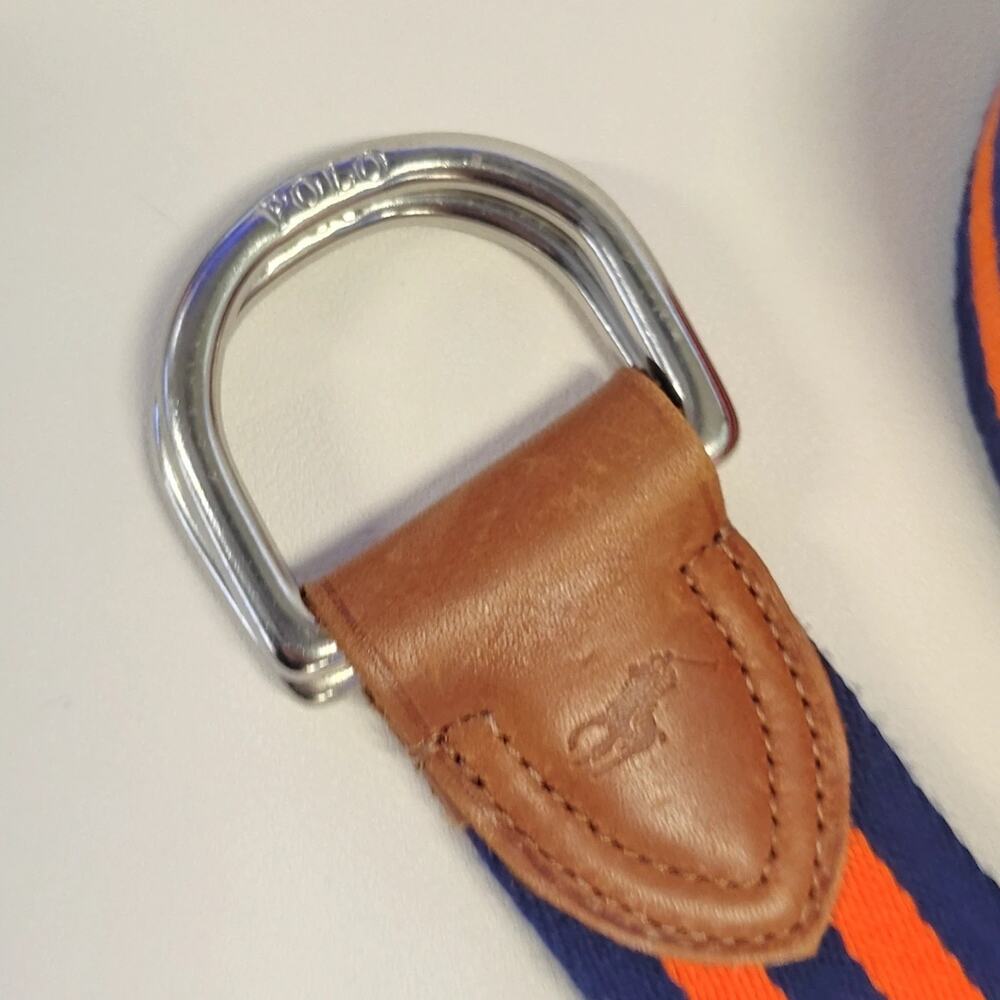Polo Ralph Lauren Striped D-Ring Belt Navy Blue Orange Canvas Leather Trim 43" - Picture 2 of 8